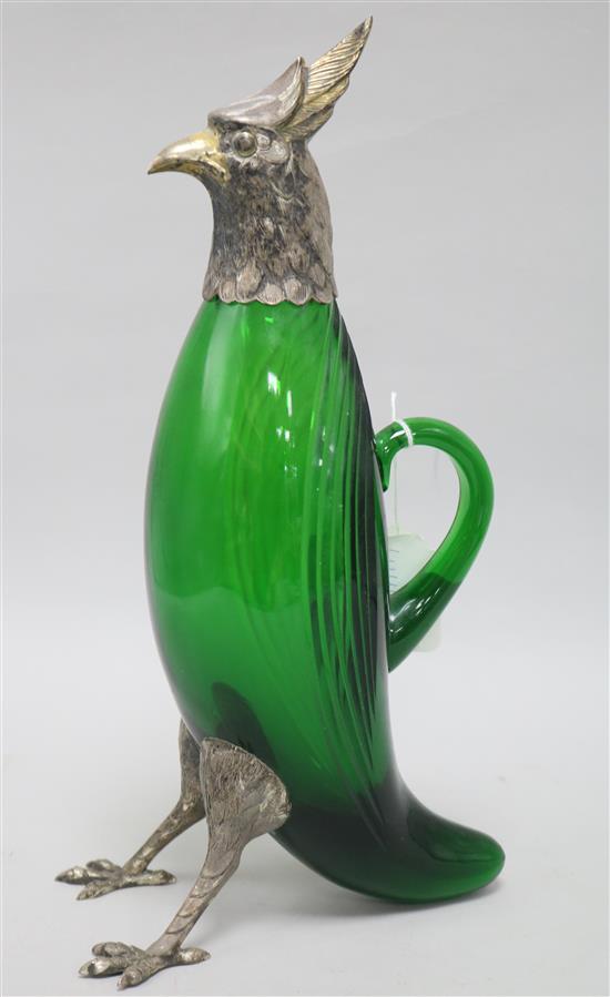 A Spanish novelty silver plate mounted green glass decanter modelled as a parakeet, 36.6cm.